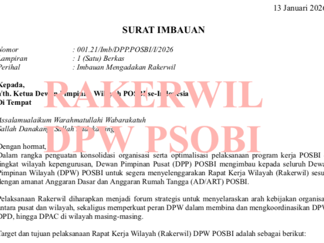 DPP POSBI Imbau DPW Segera Gelar Rakerwil, Silakan Download Surat