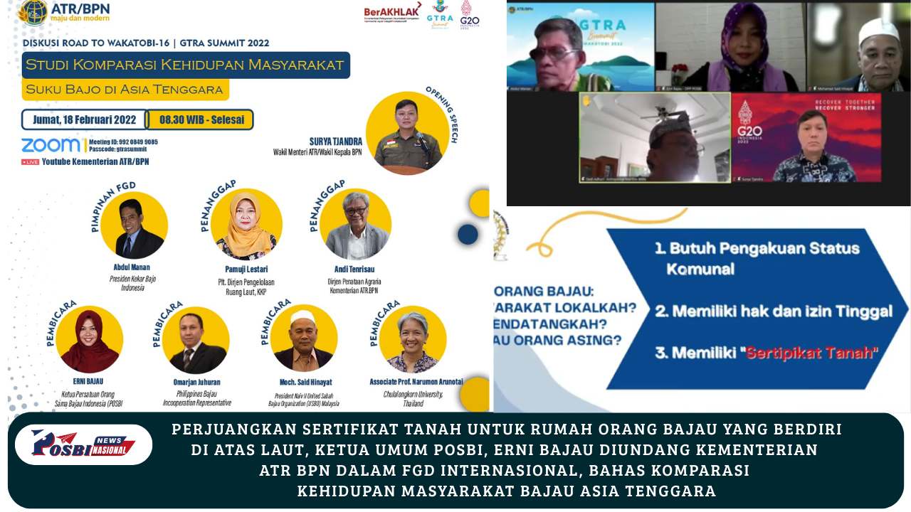 Perjuangkan Sertifikat Tanah Rumah Orang Bajau yang Berdiri di Atas Laut, Ketua Umum POSBI, Erni Bajau Diundang Kementerian ATR BPN dalam FGD Internasional, Bahas Komparasi Kehidupan Masyarakat Bajau Asia Tenggara